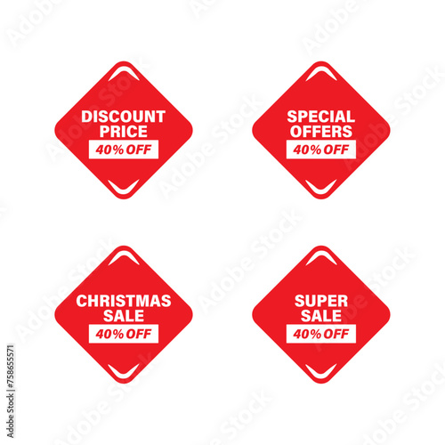 Set Sale tags, promo red tag design, discount 40% off, christmas sale, icons, vector illustration