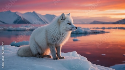 White fluffy fox sitting on a rock and looking at the sunset on the ice 