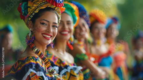 Group of vibrant women dressed in colorful traditional outfits and headscarves, smiling joyfully, representing a cultural celebration.