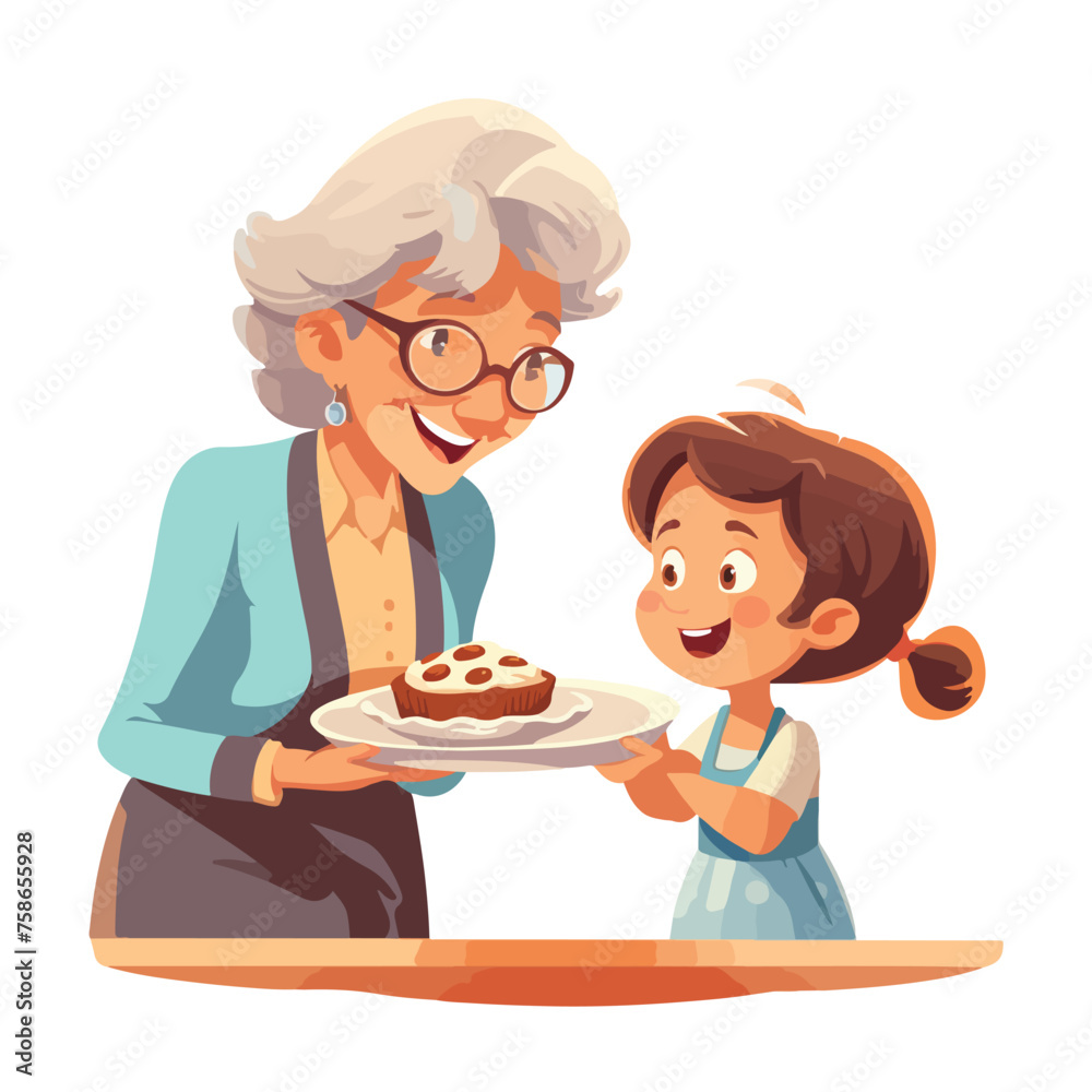 Cartoon Granny Presenting Dish to Her Granddaughter