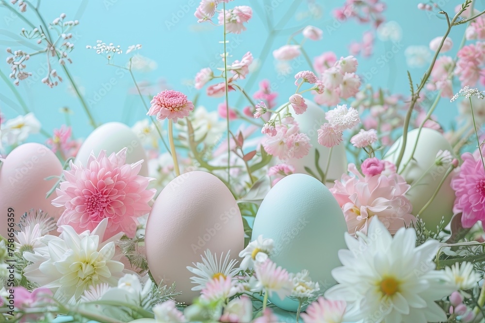 Easter decorations, painted eggs and flowers Easter decorations, painted eggs and flowers