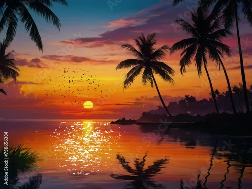 Siluet Pohon Palem atau pohon kelapa di Bawah Mentari Senja on tropical ocean sunset, beautiful sunset photo
