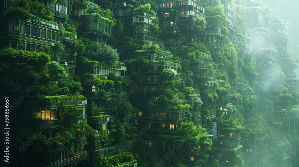Futuristic green architecture concept depicting buildings overgrown with lush foliage and plants, integrating nature into urban development with a dreamy atmosphere and soft lighting.