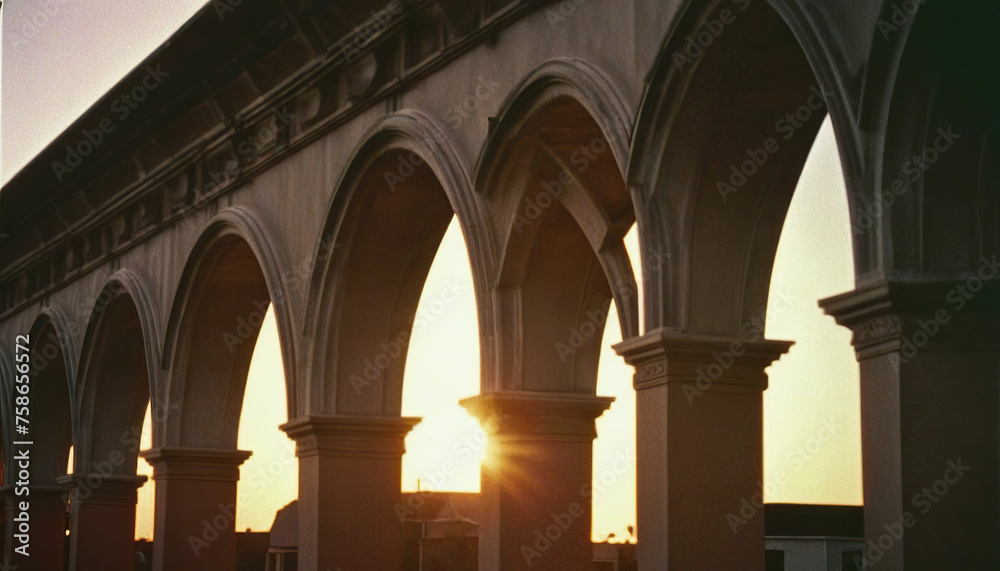Beautiful arches of the colonnade in the old city at sunset.