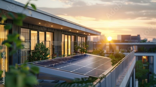 Modern eco-friendly passive house with solar panels on the rooftop. Home solar panel. Solar panels on the roof of a modern apartment building in city warm Sunset Light