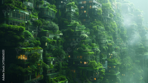 Futuristic green architecture concept depicting buildings overgrown with lush foliage and plants  integrating nature into urban development with a dreamy atmosphere and soft lighting.