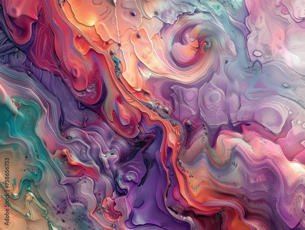 Surreal Marbled Dreamscape, This image showcases a swirling tapestry of marbled colors with a dreamlike quality, blending hues of pink, purple, orange, and blue in a mesmerizing abstract pattern