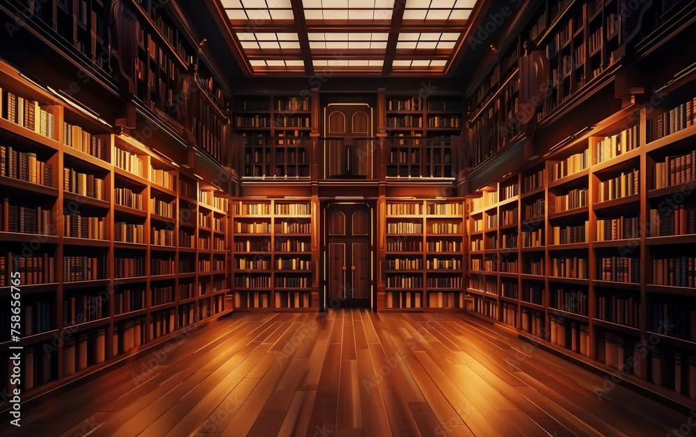 Sanctuary of Knowledge, Warm light bathes an elegant, wood-paneled library filled with countless books, evoking a sense of calm and the profound depth of human knowledge contained within its walls