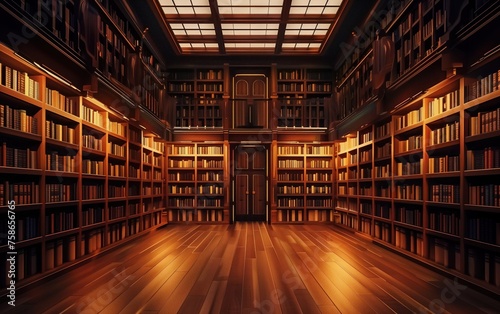 Sanctuary of Knowledge, Warm light bathes an elegant, wood-paneled library filled with countless books, evoking a sense of calm and the profound depth of human knowledge contained within its walls #758656765