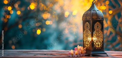 Ramadan dull golden Metalic Lantern in bright light mode with arabesque background photo