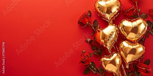 Gold Foil Heart Shaped Balloons With Roses on Red Background
