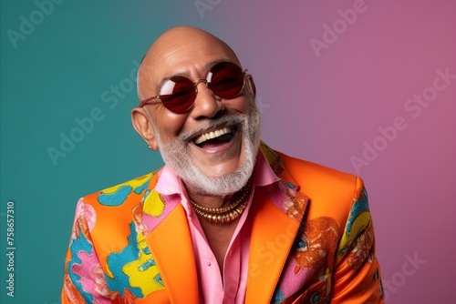 Portrait of a happy senior man with sunglasses over colorful background.