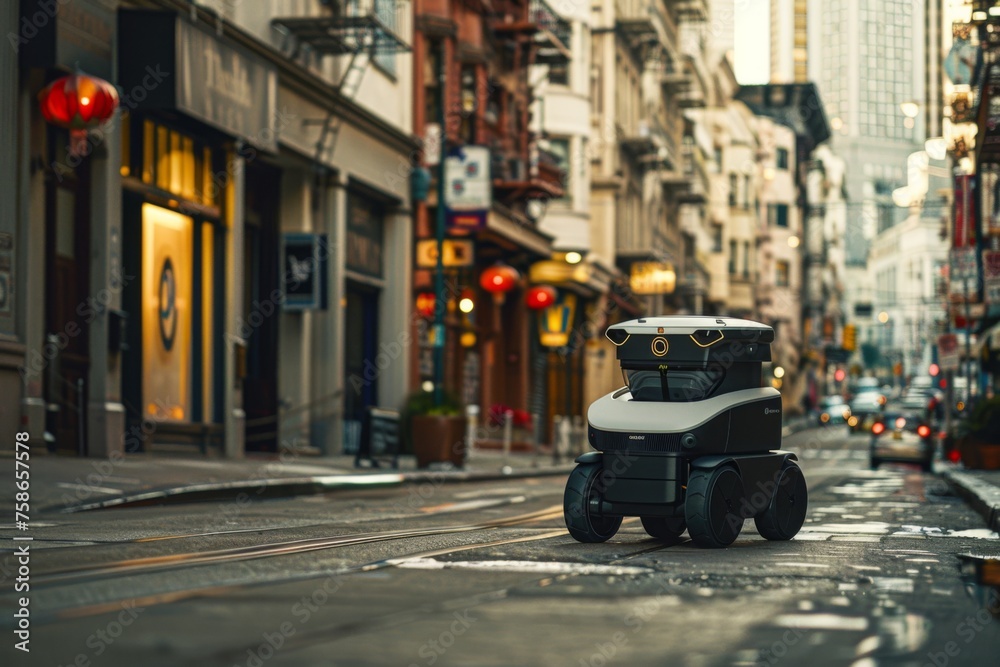 An autonomous delivery robot moves along a city street with traditional buildings and storefronts in the background.
