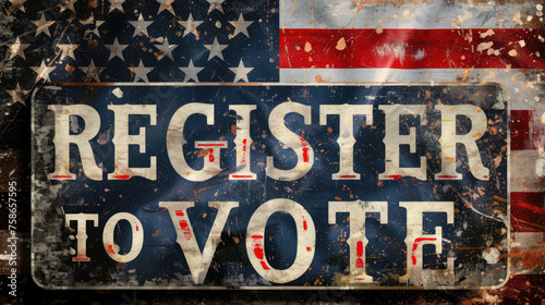 An aged distressed American flag background with bold REGISTER TO VOTE text promoting civic engagement and democratic participation