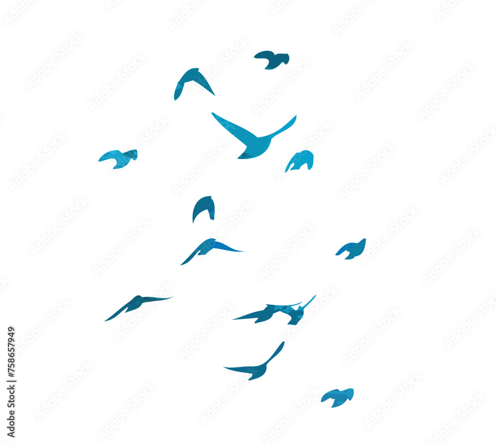 A flock of blue watercolor flying birds. hand drawing. Not AI, Free birds abstraction. Vector illustration A flock of blue watercolor flying birds. hand drawing. Not AI, Free birds abstraction. Vector illustration