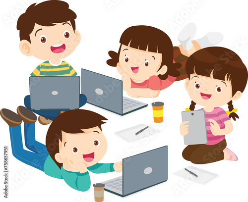 E-Learning concept Students kids Reading and online learning technology with computer laptop smartphone