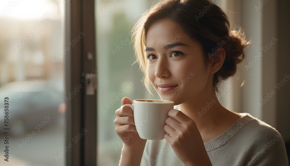 The beauty of simplicity as a good looking person enjoys a cup of coffee in the morning sunlight their cute face illuminated by the soft glow accentuated by their stunning beautiful colored Eyes The beauty of simplicity as a good looking person enjoys a cup of coffee in the morning sunlight their cute face illuminated by the soft glow accentuated by their stunning beautiful colored Eyes
