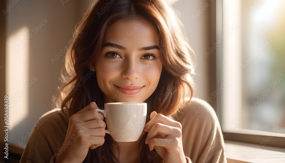 The beauty of simplicity as a good looking person enjoys a cup of coffee in the morning sunlight their cute face illuminated by the soft glow accentuated by their stunning beautiful colored Eyes The beauty of simplicity as a good looking person enjoys a cup of coffee in the morning sunlight their cute face illuminated by the soft glow accentuated by their stunning beautiful colored Eyes