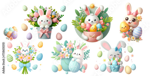 Easter set, cute fluffy bunnies with flower baskets and colorful eggs isolated on PNG background. Generative AI. © Alena