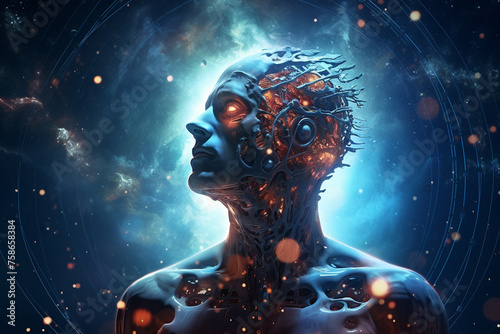 Sci-fi  technology concept. Advanced artificial intelligence male robot close-up portrait. Bio-mechanical or android humanoid man portrait in surreal cosmos background with copy space
