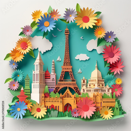 Popular place around the world by colorful papercut on white wallpaper 03