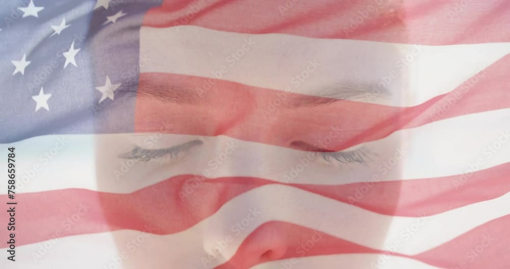 Animation of american flag over portrait close up of caucasian woman in sunshine opening eyes Animation of american flag over portrait close up of caucasian woman in sunshine opening eyes