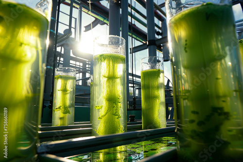 Algae biorefineries converting sunlight and CO2 into valuable bio-products. photo