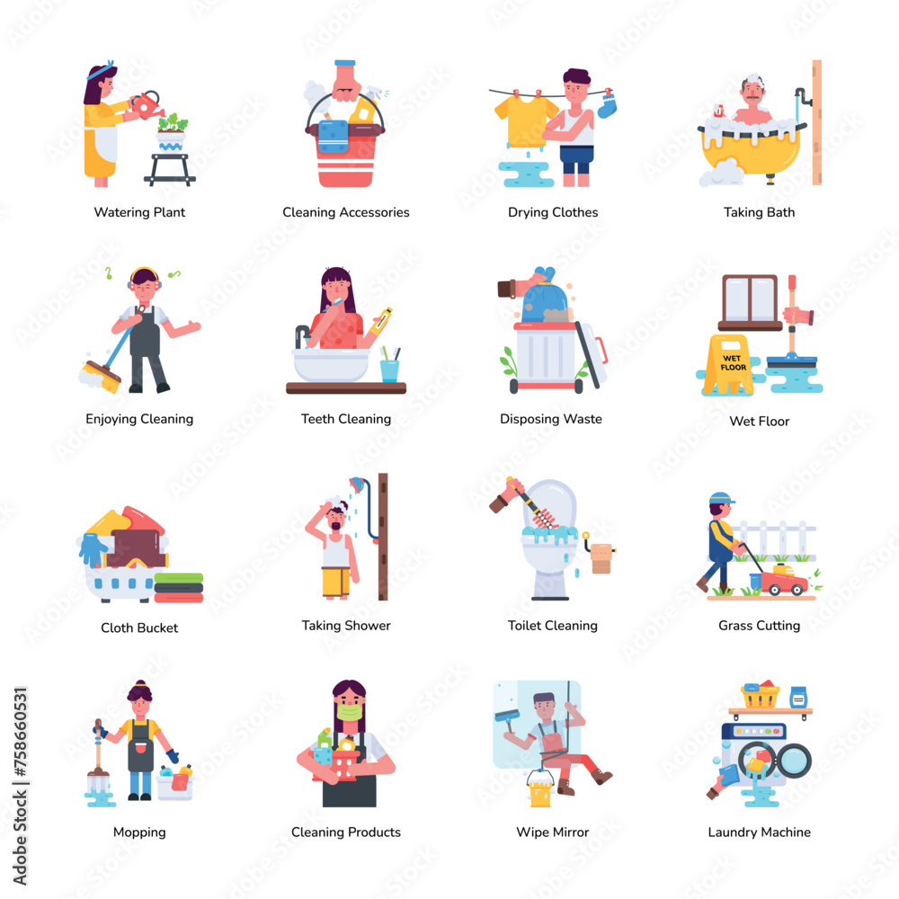Bundle of 16 Trendy Housekeeping Flat Icons 


