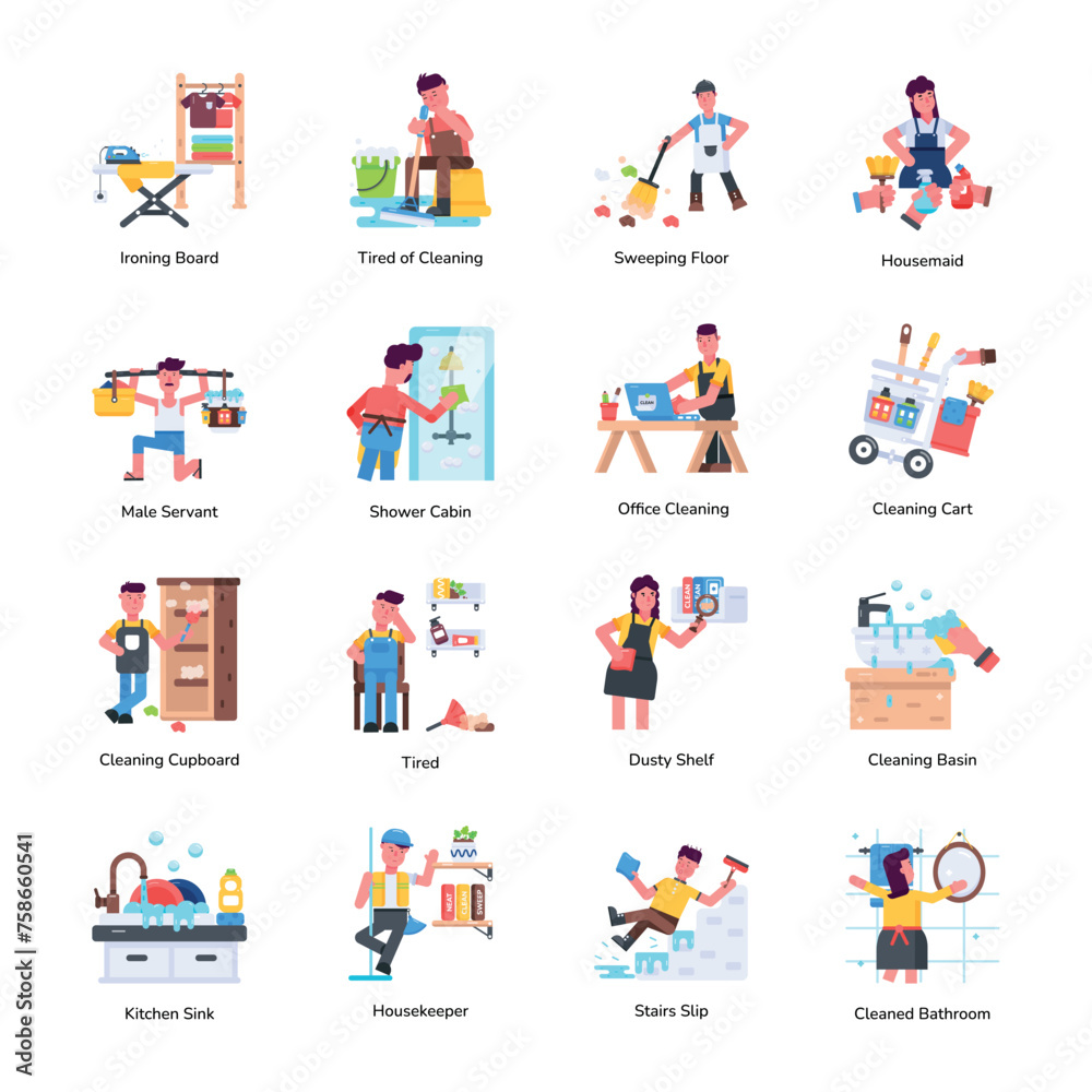Pack of House Cleaning Flat Icons 


