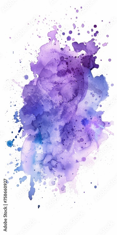 An expressive burst of purple and blue watercolor splashes on a clean white canvas, embodying artistic freedom.