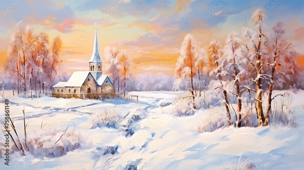 Church in winter snowy landscape beautiful oil painting
