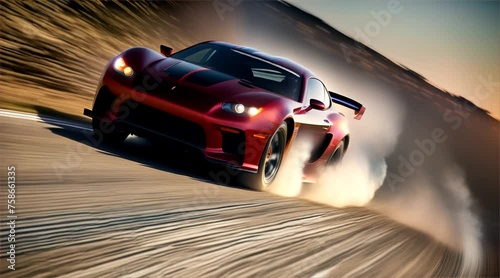 A red sports car is speeding down a road with smoke coming out of its back. The car is in the middle of a curve, and the driver is likely taking a sharp turn. Concept of excitement and adrenaline