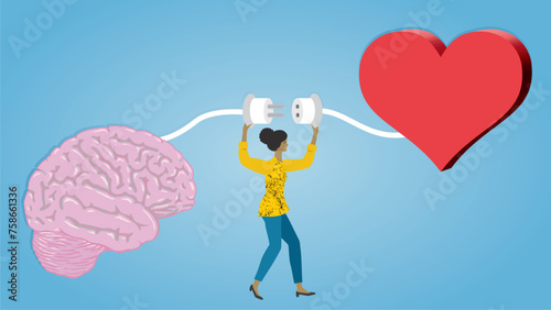 Woman connecting brain and heart. Empathy, locical thinking and social skills. Dimension16:9. Vector illustration.