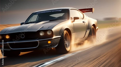 A car with a hood open and smoke coming out of the exhaust. The car is driving on road with smoke