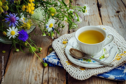 white porcelain cup of green tea with a plate and a spoon on a crochet napkin and flowers