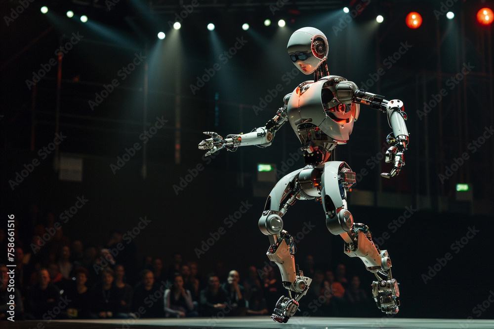 A humanoid robot performing acrobatic stunts with precision and agility on a stage.