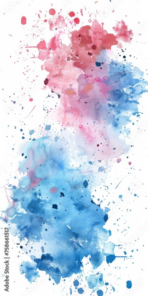 A dynamic interplay of red and blue watercolor strokes, splattered artfully on a white background, depicting artistic vibrancy.