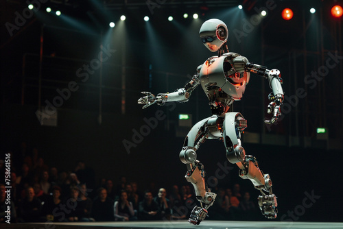 A humanoid robot performing acrobatic stunts with precision and agility on a stage. © Amazing-World