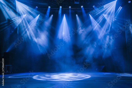 many turned on blue spotlights illuminate an empty stage, a background for a splash screen or filling, a performance, a show photo