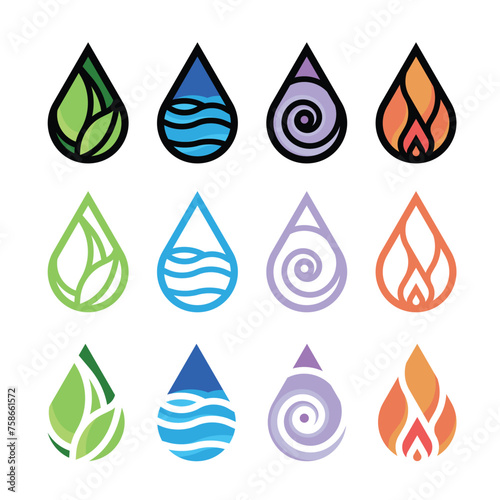 Collection set of 4 Elements nature symbol - fire earth water and air with water drop shape vector design