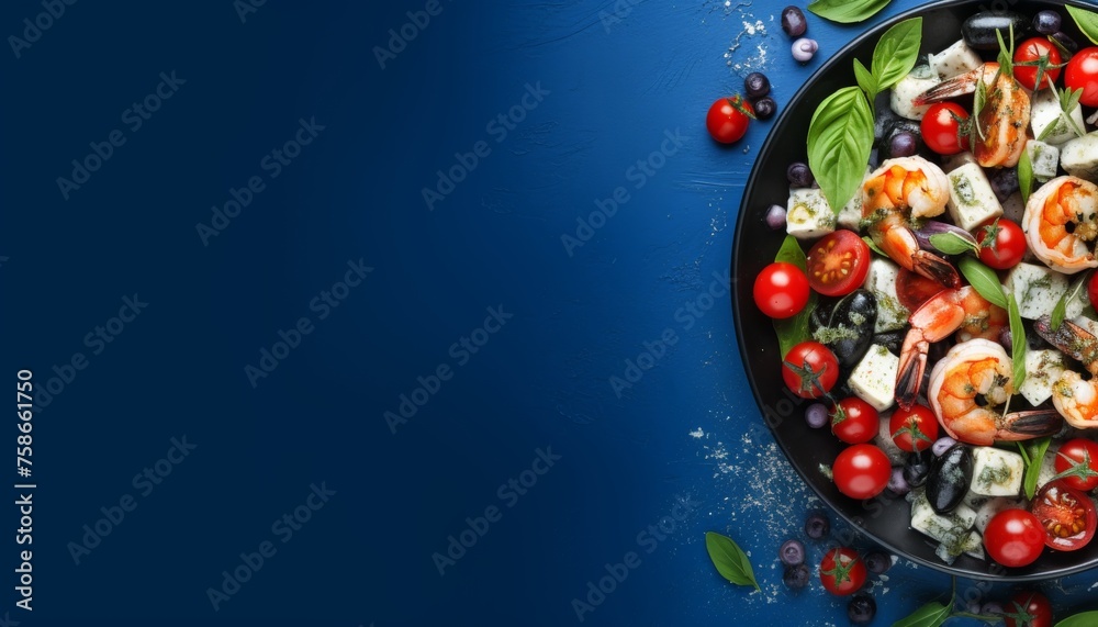 seafood salad, on a blue background, top view,  copy space for text