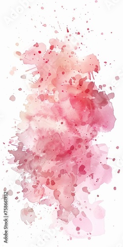 A delicate blend of pink watercolor hues gently splattered across a pure white background, evoking a soft and romantic atmosphere.