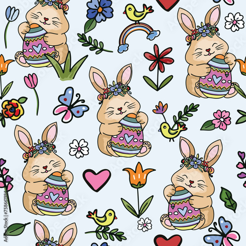 Water color cute rabbit bunny easter seamless pattern. Easter day seamless background cartoon