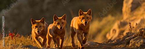A Pack of Dholes (Asiatic Wild Dogs) Roaming Freely in Their Natural Wilderness Habitat - An Exemplary Depiction of Asian Wildlife © John
