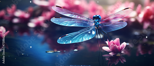 A blue dragonfly sitting on top of a pond 