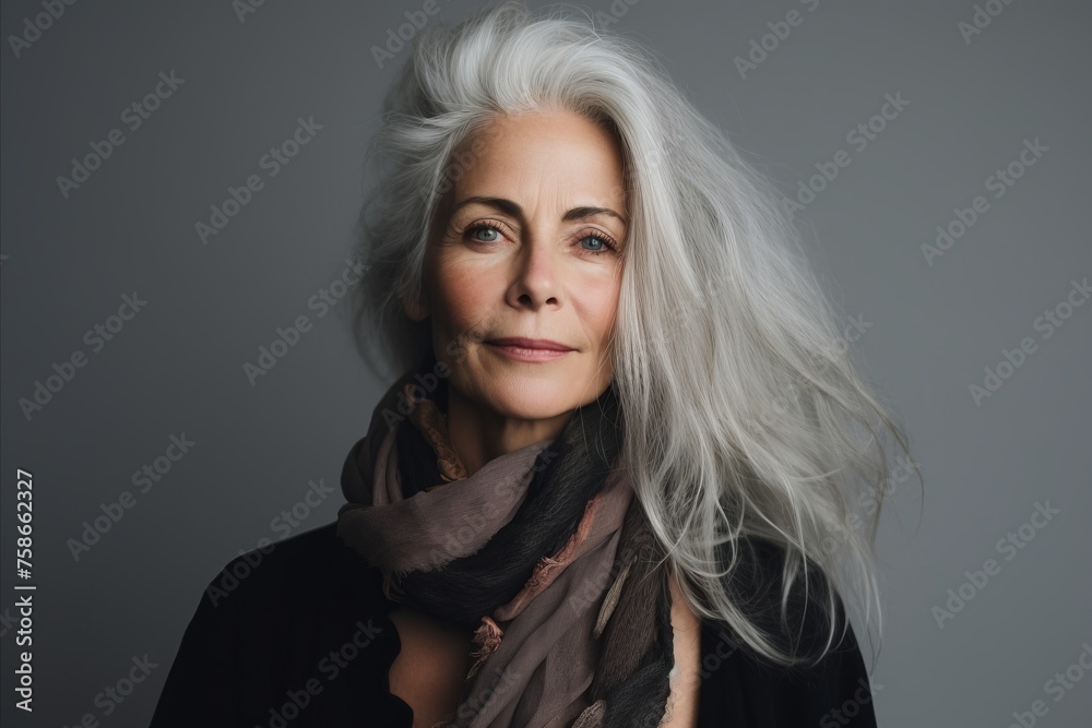 Portrait of a beautiful senior woman with long grey hair and scarf Portrait of a beautiful senior woman with long grey hair and scarf