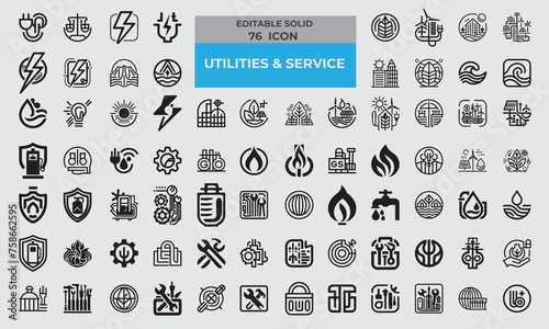76 Solid Icons for Utilities & Service set in fill style. Excellent icons collection. Vector illustration. 