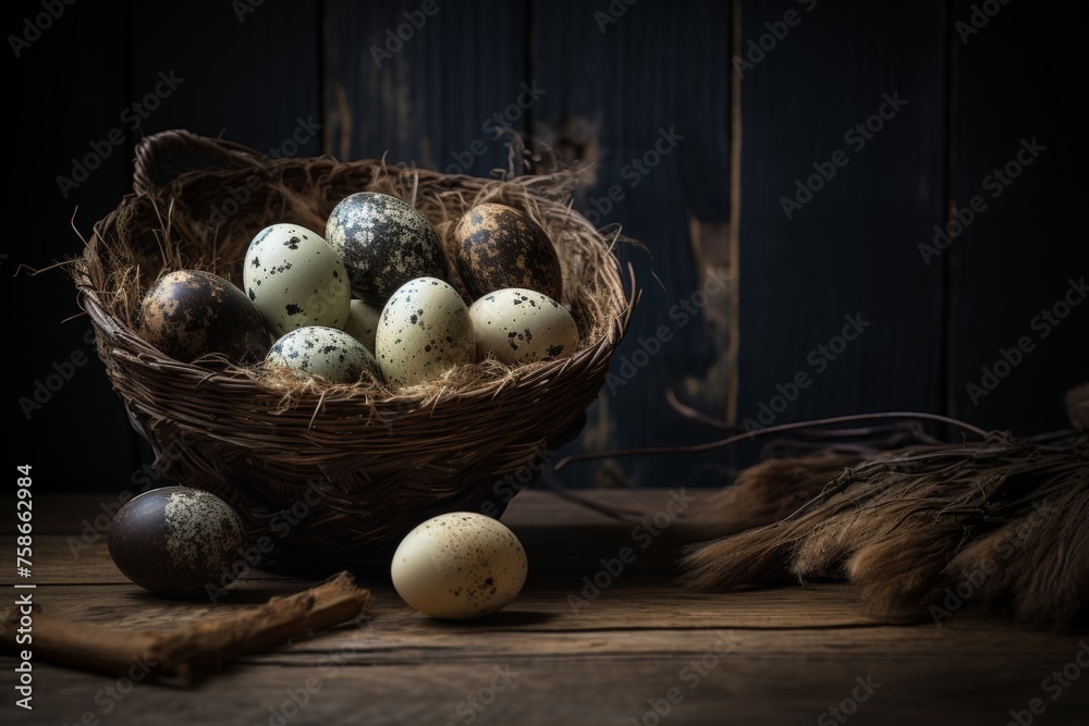 Fototapeta premium quail eggs in a wicker basket