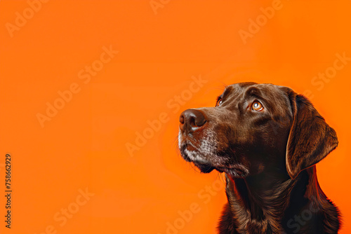 close-up of a brown Labrador dog looks questioningly at an isolated background. The dog asks for food or listens to the command. Layout for advertising pet products photo