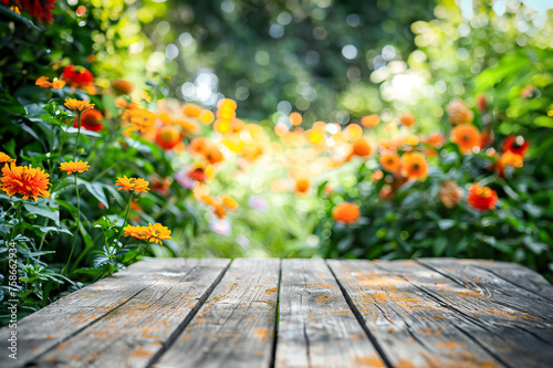Empty wooden table in flower Park with garden bokeh background with a country outdoor theme, Template mock up for display of product. 